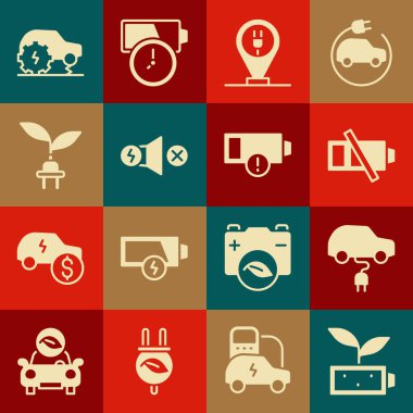 Eko doğa yaprağı bataryası, elektrikli araba, düşük şarjlı park elektriği, motor, tasarruf prizi, servis ve simge. Vektör