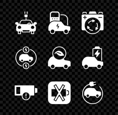 Elektrikli araba, geri dönüşüm sembollü pil, düşük batarya ve eko ikonu ayarla. Vektör