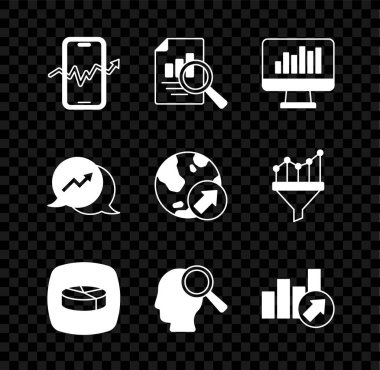 Mobil hisse senedi ticareti, grafik grafikli belge, Monitor, Pie Infographic, Arama insanları, Finansal büyüme ve simge. Vektör