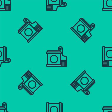 Mavi çizgi boya kovası ve fırça ikonu yeşil arka planda izole edilmiş pürüzsüz desen. Vektör