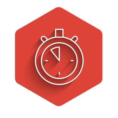 Beyaz çizgi Stopwatch simgesi uzun gölgeli izole edildi. Zaman göstergesi. Kronometre işareti. Kırmızı altıgen düğmesi. Vektör
