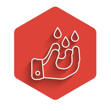 Beyaz çizgi Wudhu ikonu uzun gölge arkaplanlı izole edilmiş. Müslüman adam abdest alıyor. Kırmızı altıgen düğmesi. Vektör