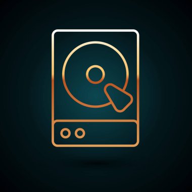 Altın çizgili sabit disk sürücüsü HDD simgesi koyu mavi arkaplanda izole edildi. Vektör