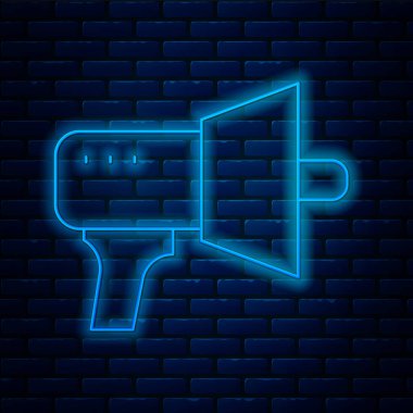 Parlayan neon hattı megafon ikonu tuğla duvar arka planında izole edildi. Sözcü işareti. Vektör