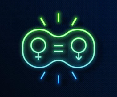 Parlayan neon hattı cinsiyet eşitliği simgesi mavi arkaplanda izole edildi. Eşit ücret ve fırsat iş konsepti. Vektör