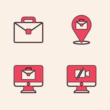 Video kamerayı bilgisayara, evrak çantasına, online çalışmaya ve simgeye ayarlayın. Vektör