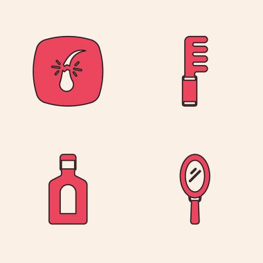 El aynası, kırık saç kökü, saç fırçası ve şampuan ikonu. Vektör