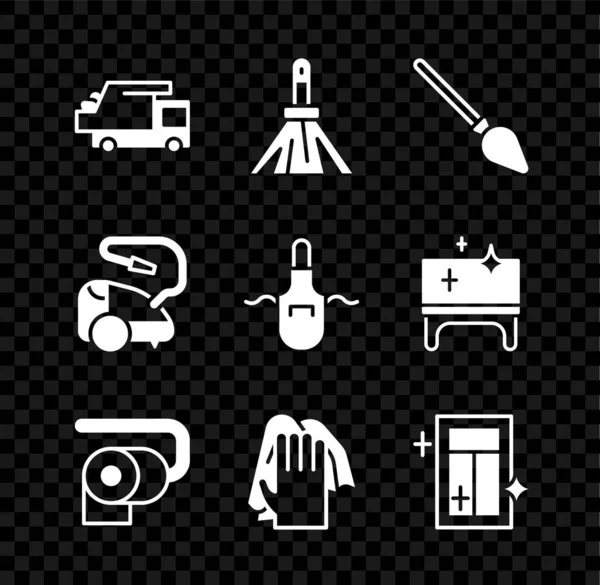 Çöp kamyonu, süpürge, tuvalet kağıdı rulosu, temizlik servisi, pencere, elektrik süpürgesi ve mutfak önlüğü ikonu. Vektör — Stok Vektör