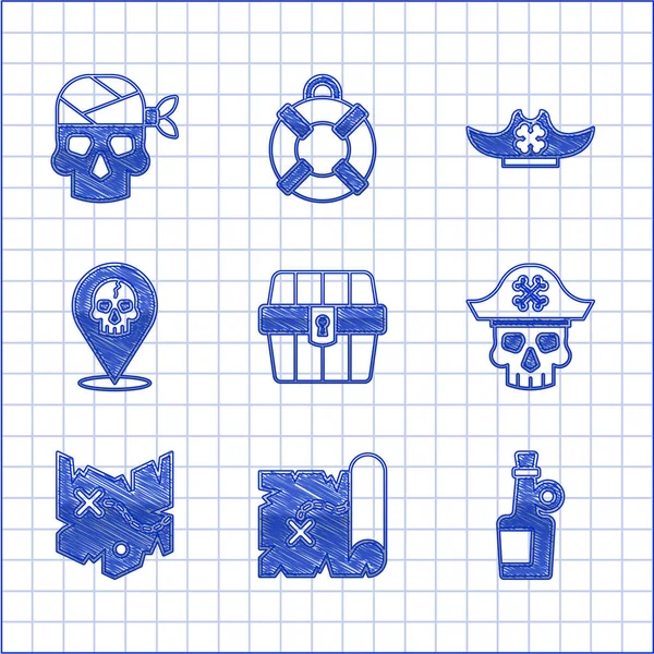 Set Antique treasure chest, Pirate map, Alcohol drink Rum, captain, Location pirate, hat and icon. Vector — Stock Vector
