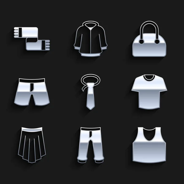 Set Krawatte, Hose, Unterhemd, T-Shirt, Rock, Short oder Hose, Handtasche und Winterschal Symbol. Vektor — Stockvektor