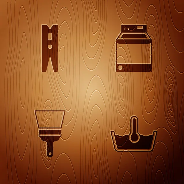 Conjunto de lavagem de temperatura, pino de roupa, limpador de borracha para janelas e arruela em fundo de madeira. Vetor —  Vetores de Stock