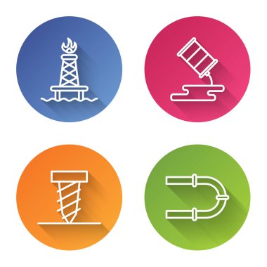 Petrol kulesini ateşe ver, fıçı yağı sızıntısı, çukur kazma ve sanayi borusu. Renkli daire düğmesi. Vektör