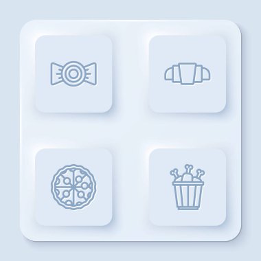 Sıra Candy, Croissant, Pizza ve Tavuk budu paket kutusunda. Beyaz kare düğme. Vektör