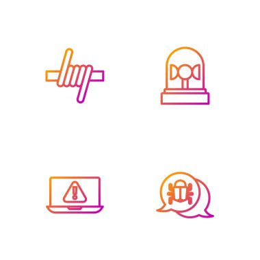 Hattı ayarla Sistem hatası, ünlem işaretli dizüstü bilgisayar, dikenli tel ve Flasher sireni. Renk simgeleri. Vektör