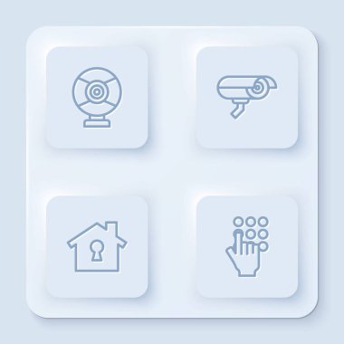 Hat güvenlik kamerası, korunan ev ve şifre. Beyaz kare düğme. Vektör