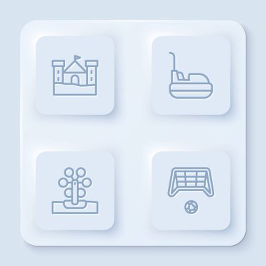 Çizgi çizgisi, kum kale, çarpışan araba, dönme dolap ve top ile futbol golü. Beyaz kare düğme. Vektör