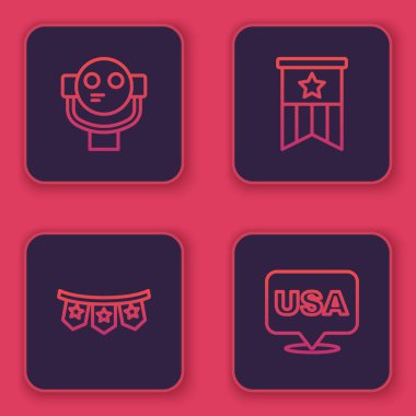 Dürbünlü turist çizgisi, bayraklı karnaval çelengi, Amerikan ve Amerikan Bağımsızlık Günü. Mavi kare düğme. Vektör