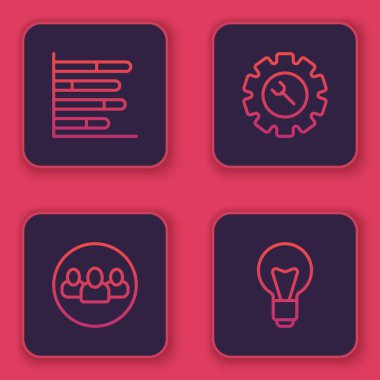 Çizgi çizelgesi bilgisini, Proje ekibi üssünü, İngiliz anahtarı, ekipman ve ampulü ayarla. Mavi kare düğme. Vektör