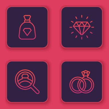 Mücevherli çanta, elmas nişan yüzüğü ve nikah yüzüğü. Mavi kare düğme. Vektör