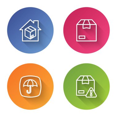 Hat ev teslimat hizmetleri, karton karton kutu, şemsiyeli teslimat paketi ve güvenlik kalkanı. Renkli daire düğmesi. Vektör