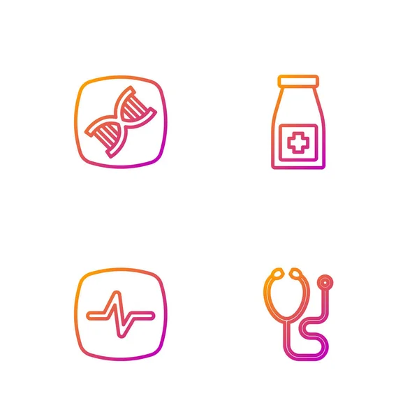 Ustaw linię stetoskop, tętno, symbol DNA i butelki medycyny i pigułki. Ikony kolorów gradientu. Wektor — Wektor stockowy
