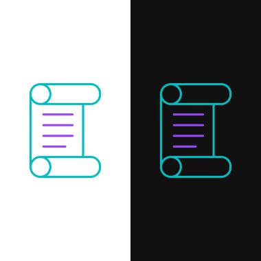 Beyaz ve siyah arkaplanda izole edilmiş satır kararnamesi, kağıt, parşömen, kaydırma simgesi. Renkli taslak konsepti. Vektör.