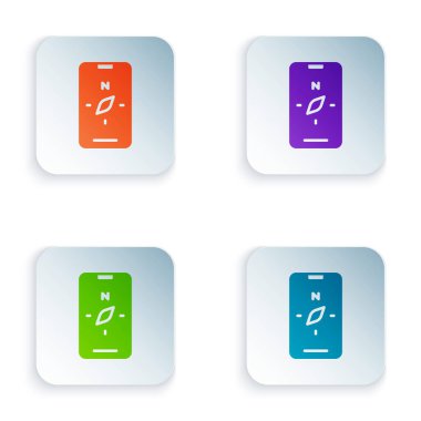 Akıllı telefonda, beyaz arkaplanda izole edilmiş yön bulma simgesi için renk pusulası ekran uygulamaları. Navigasyon için uygulama pusulası, uygulama haritası. Kare düğmelere renkli simgeleri yerleştir. Vektör
