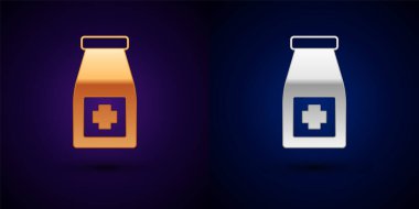 Altın ve gümüş ilaç şişesi ve siyah arka planda izole edilmiş hap ikonu. Şişe hapı işareti. Eczane tasarımı. Vektör