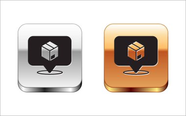 Beyaz arkaplanda karton kutu simgesine sahip siyah konum. Teslimat hizmetleri, lojistik ve ulaşım, dağıtım. Gümüş ve altın kare düğmeler. Vektör