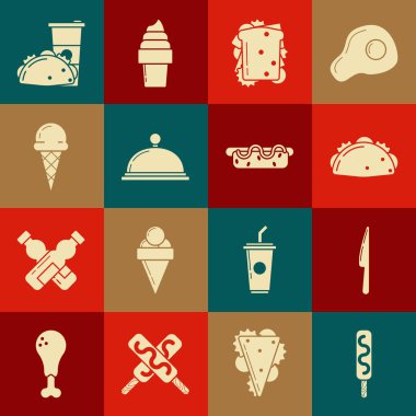 Dondurma, Bıçak, tortilla, Sandviç, waffle külahında kaplanmış yemek tepsisi, kağıt camlı taco ve Hotdog sandviçi ikonu. Vektör