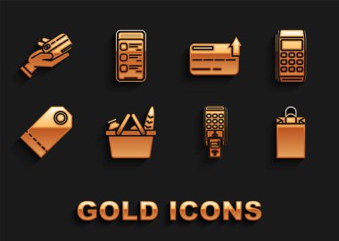 Alışveriş sepeti ve yiyeceği ayarla, POS akıllı telefon, Blank etiket şablon fiyat etiketi, kredi kartı, insan eli kredisi ve çevrimiçi mobil simge ile ödemeyi doğruladı. Vektör