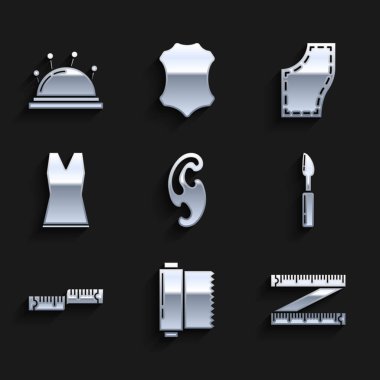 Fransız kıvrımları, tekstil kumaş rulo, mezura, kesme aleti, kadın elbisesi, dikiş deseni ve iğne ikonu. Vektör