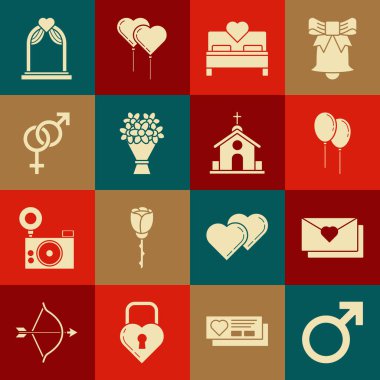 Erkek cinsiyet sembolü, Sevgililer Günü Kalpli Zarf, Balon kurdelesi, Yatak odası, Çiçek Buketi, Cinsiyet, Düğün Kemeri ve Kilise binası ikonu. Vektör