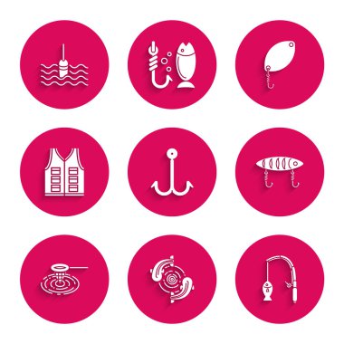 Balık oltası, olta ve balık, yem, su, ceket, kaşık ve yüzen ikon hazırla. Vektör