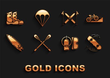 Crossed paddle Bisikleti sokak rampasında kaykay numarası Dalış maskesi ve su alung Sörf tahtası kayak botları ve paraşüt ikonu. Vektör.