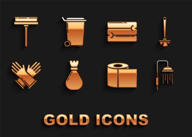 Çöp torbası, tuvalet fırçası duş başlığını su damlası, kağıt rulo eldiven, havlu sileceği ve çöp tenekesi ikonu ile ayarla. Vektör.