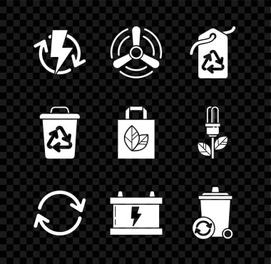 Şarj etme ayarları, rüzgar türbini, geri dönüşüm sembollü etiket, yenilenme, araba aküsü, geri dönüşüm ve kağıt poşet ikonu. Vektör