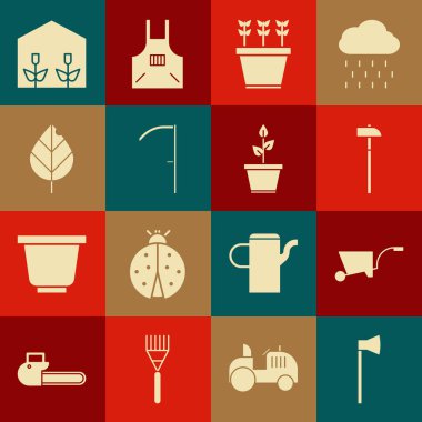 Tahta baltayı, El Arabası 'nı, Çekici, Saksıdaki Bitkileri, Tırpan' ı, Yaprak 'ı, Ev Serasını ve bitkileri ve ikonu hazırlayın. Vektör