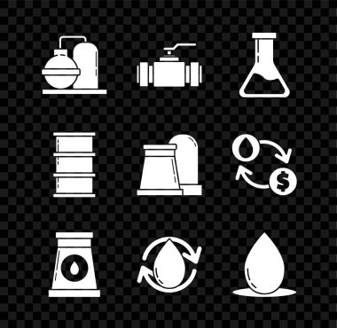 Petrol ve gaz fabrikası binası, endüstriyel metalik boru vanası, tüp tüpü, damla, fıçı yağı ve ikon. Vektör