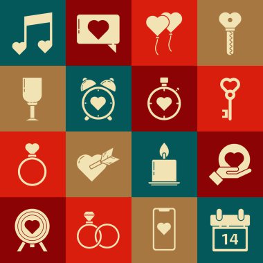 Takvimi 14 Şubat 'la ayarla, kalp şeklinde bir kalp, balon formu, ortadaki çalar saat, şarap kadehi, müzik notası, nota sesi ve kronometre simgesi. Vektör