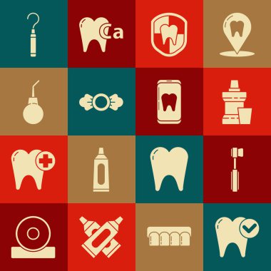 Diş beyazlatma konsepti, diş fırçası, ağız gargargarası plastik şişe, diş koruma, şeker, armut, diş bakımı ikonu ve diş bakımı için kaşifi. Vektör
