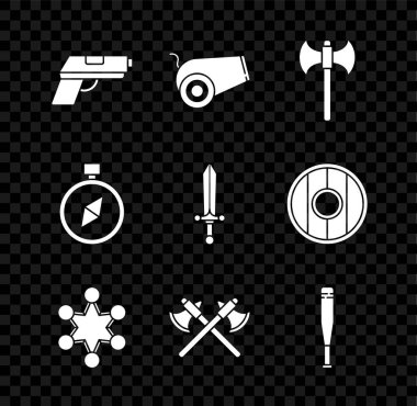 Tabanca, top, ortaçağ baltası, polis rozeti çapraz ortaçağ baltaları, beysbol sopası, pusula ve kılıç ikonu. Vektör