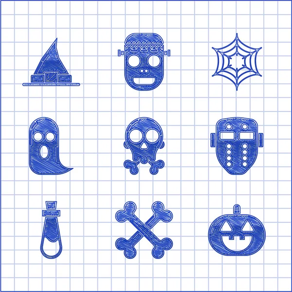 Set Skull Crossbones Crossed Pumpkin Hockey Mask Bottle Potion Ghost — Stockvector