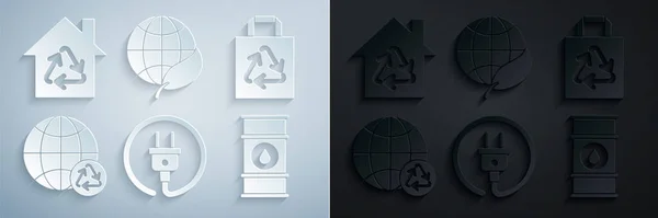 采购产品电源插头 纸购物袋与回收 行星地球和回收 油桶线 地球的叶子和生态房子的象征图标 — 图库矢量图片