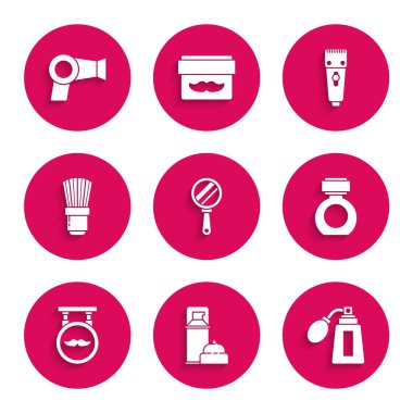 El aynası, tıraş jeli köpüğü, tıraş losyonu, atomla tıraş losyonu, berber dükkanı, fırça, elektrikli saç kesme makinesi ve saç kurutma makinesi ikonu. Vektör