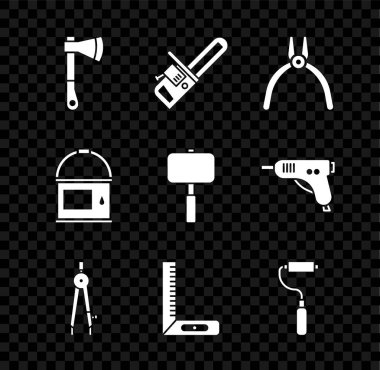 Tahta baltayı, testere, pense, pusula, köşe cetveli, boya fırçası, kova ve balyoz simgesini ayarla. Vektör