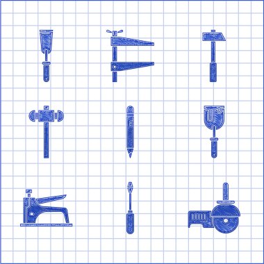 Silgi, tornavida, açı öğütücü, macun bıçağı, inşaat zımbası, balyoz, çekiç ve simgeyle doldur. Vektör