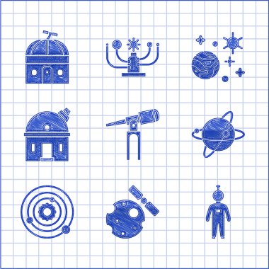Teleskop, uydular Dünya, Astronot, Güneş Sistemi, Astronomik Gözlemevi, Uzay ve İkonun yörüngesindeler. Vektör