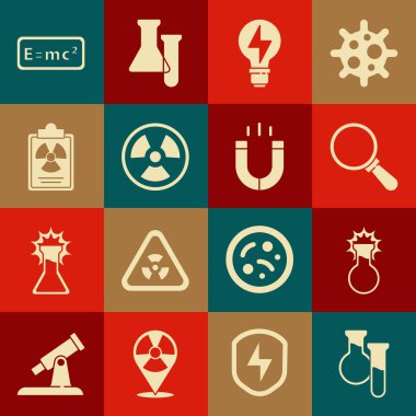 Test tüpü ve matara, büyüteç, yıldırımlı ampul, radyoaktif, radyasyon uyarı belgesi, denklem çözeltisi ve mıknatıs simgesini hazırlayın. Vektör