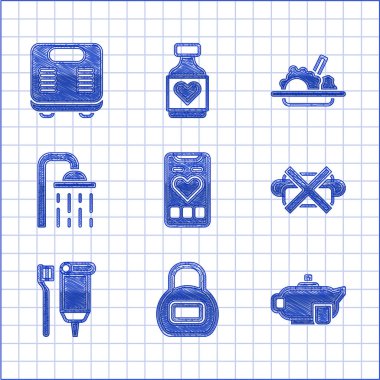 Kalp atış hızı, Kettlebell, Çaydanlık bardağı abur cubur yok, diş fırçası ve diş macunu yok, duş başlığı, Sağlıklı ve Banyo Ölçekleri simgesi. Vektör